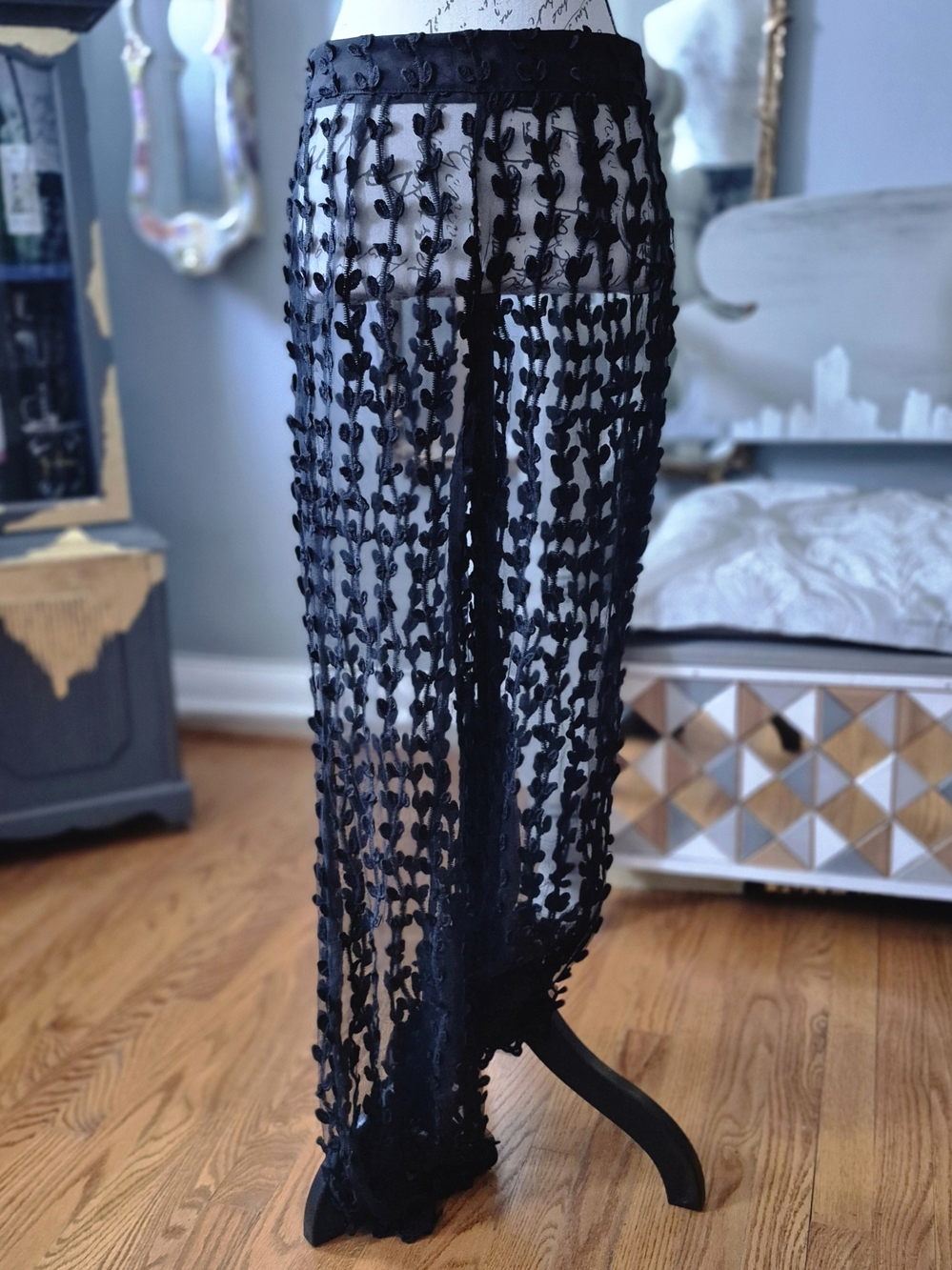 PrettyLittleThing Whimsigoth Black Sheer Embroidered Wide-Leg Pants Size 8